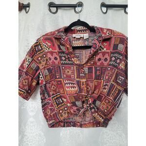 Vintage Crop Top Bold Aztec Print, Tie Front, Shoulder Pads, Red Black Orange
